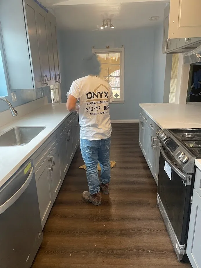 Kitchen remodel, vinyl plank flooring installation, island counter top with recessed brackets, laundry room remodel, bathroom remodel, wood rot framing replacement Culver City Los Angeles