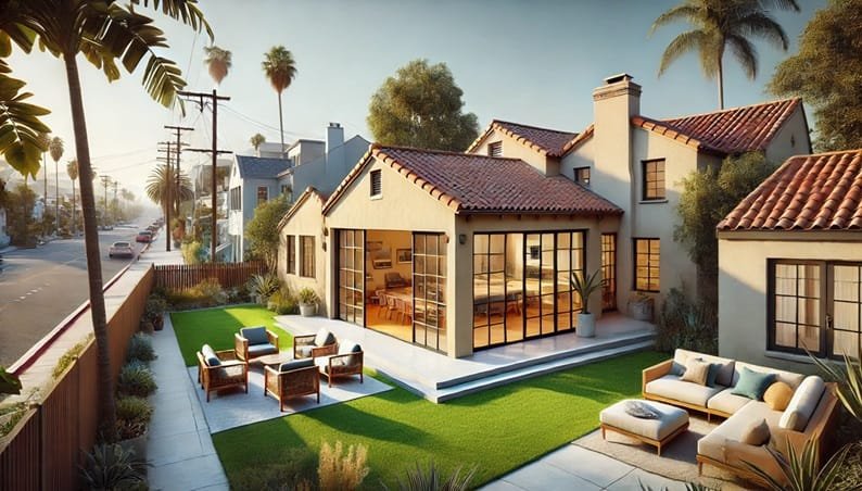 Beautiful Los Angeles home addition with modern glass doors, Spanish-style roof, and a spacious backyard designed by a trusted home addition construction company and general contractor