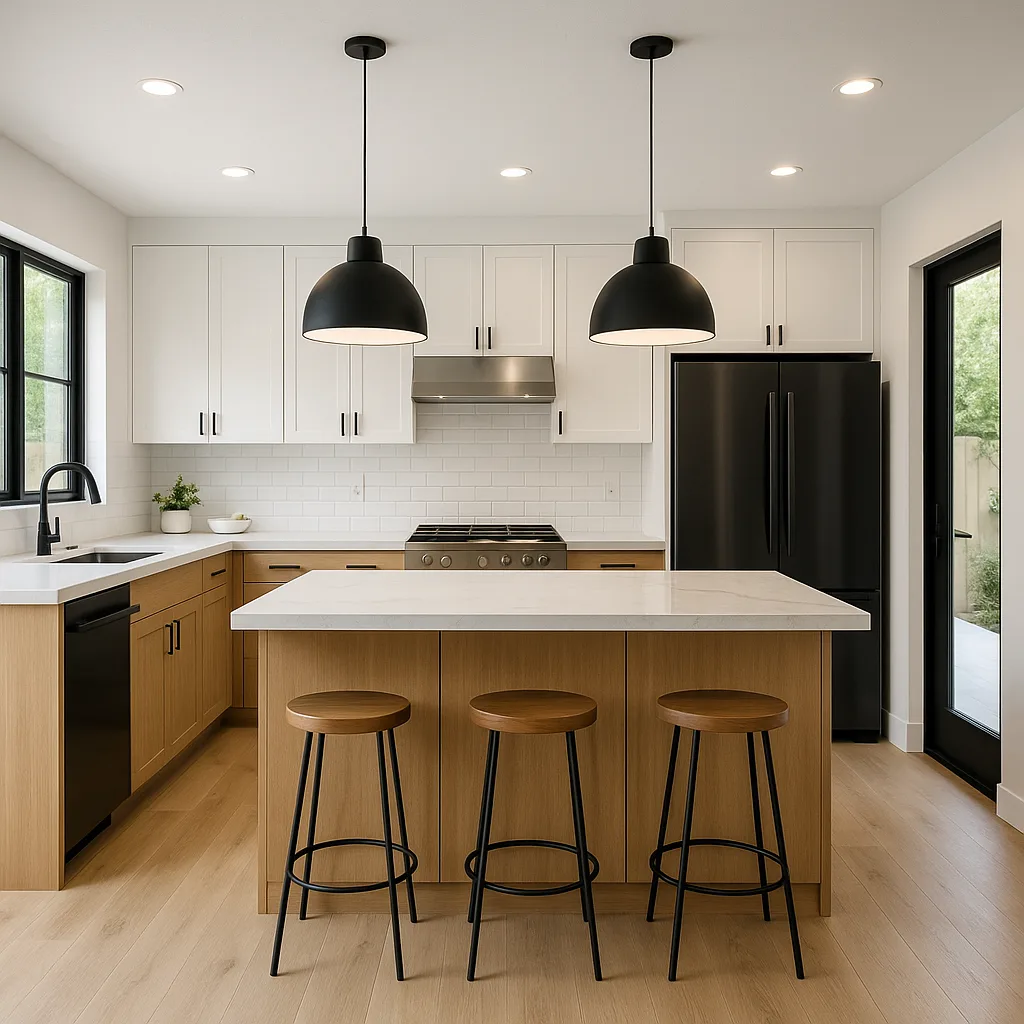 Renovated modern kitchen designed to increase home value with updated cabinetry, island, and contemporary finishes