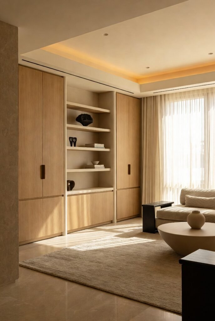 Built-in cabinetry with natural wood tones and modern lighting in a minimalist Los Angeles living room designed by Onyx General Construction.