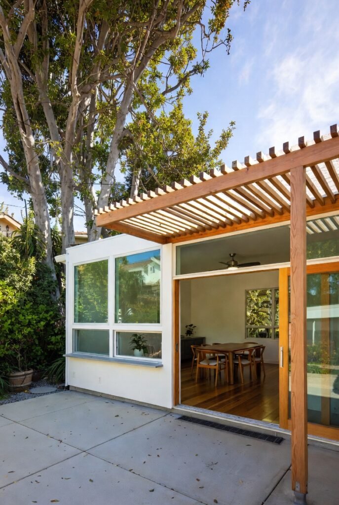 Dining room home addition with custom wood pergola, large windows, and sliding doors built by Onyx General Construction in Los Angeles.