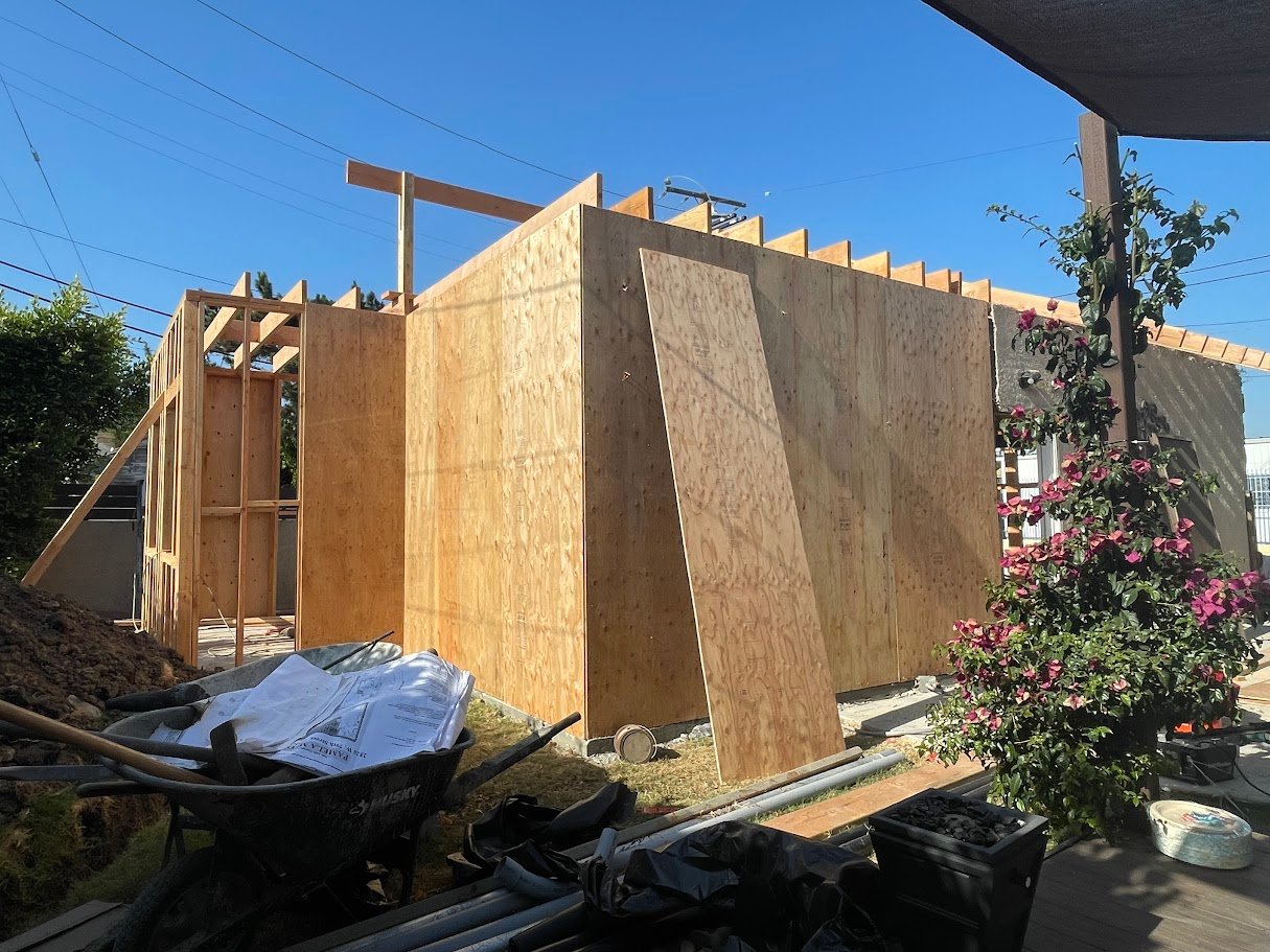 Exterior framed and sheathed ADU walls under construction in Los Angeles.