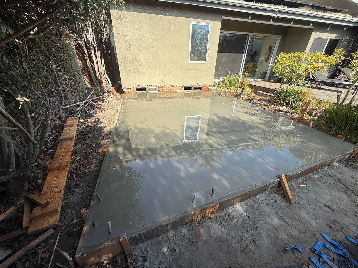 Concrete slab pour for a Los Angeles home addition foundation.