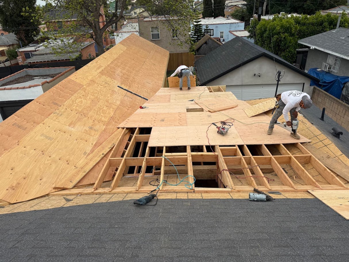 Roof decking installation for a Los Angeles home addition.