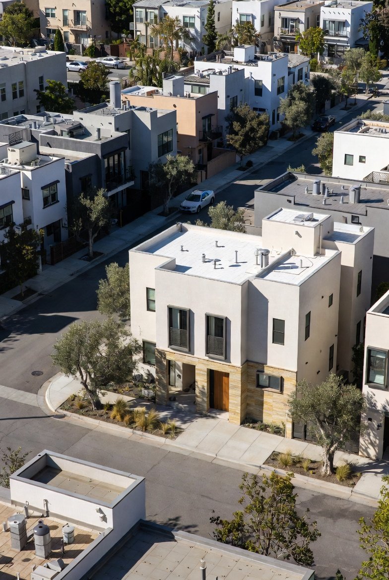 Modern infill townhomes in Los Angeles, viewed from above.