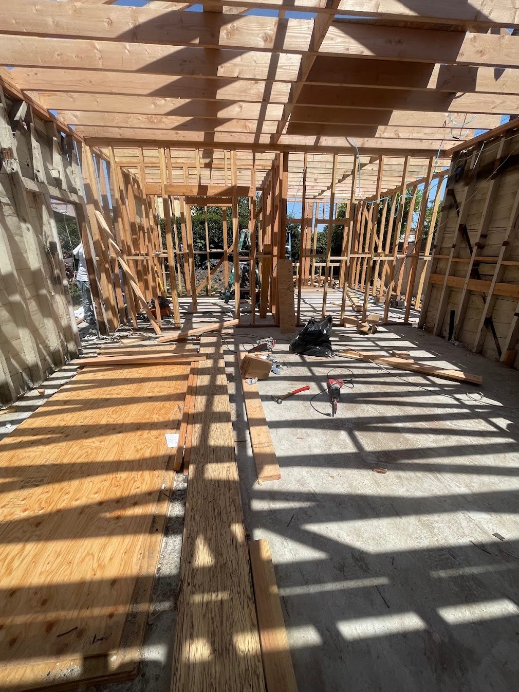 Interior framing and ceiling joists in a Los Angeles room addition.