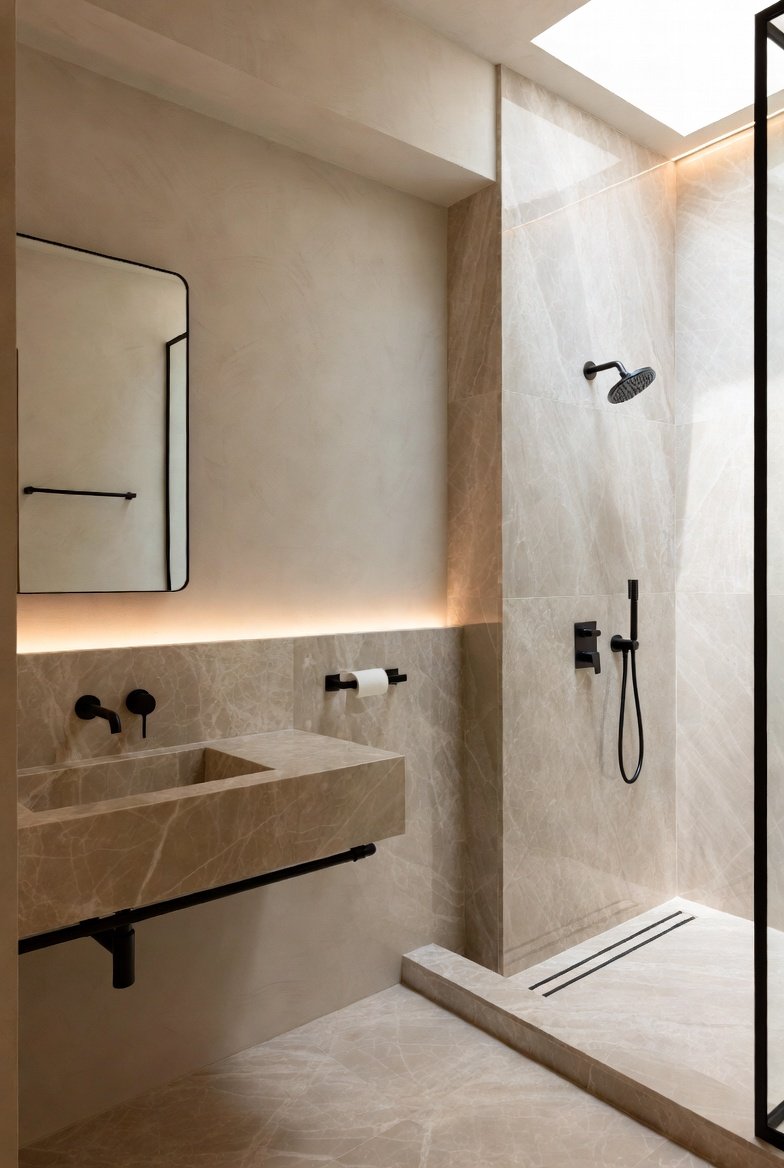 Luxury marble bathroom remodel — finish-stage restraint in a coastal-zone home.