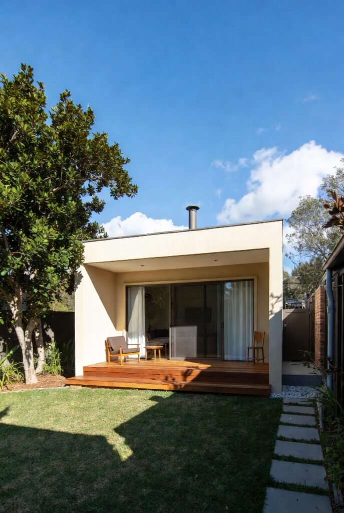 Contemporary ADU in Los Angeles with smooth stucco exterior, wood deck, and recessed patio design surrounded by greenery.