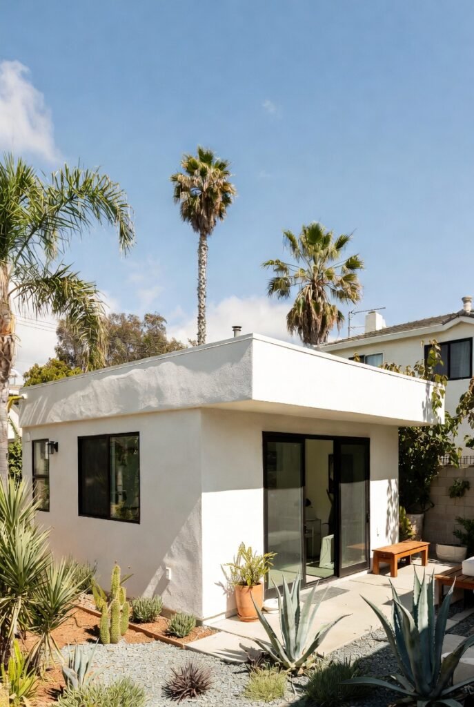 Minimalist ADU with white stucco exterior, flat roof, black window frames, and desert-style landscaping with palm trees and agave plants in Los Angeles.