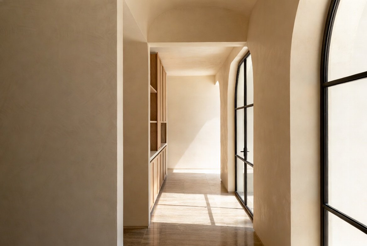 Modern villa interior with travertine and white oak finishes