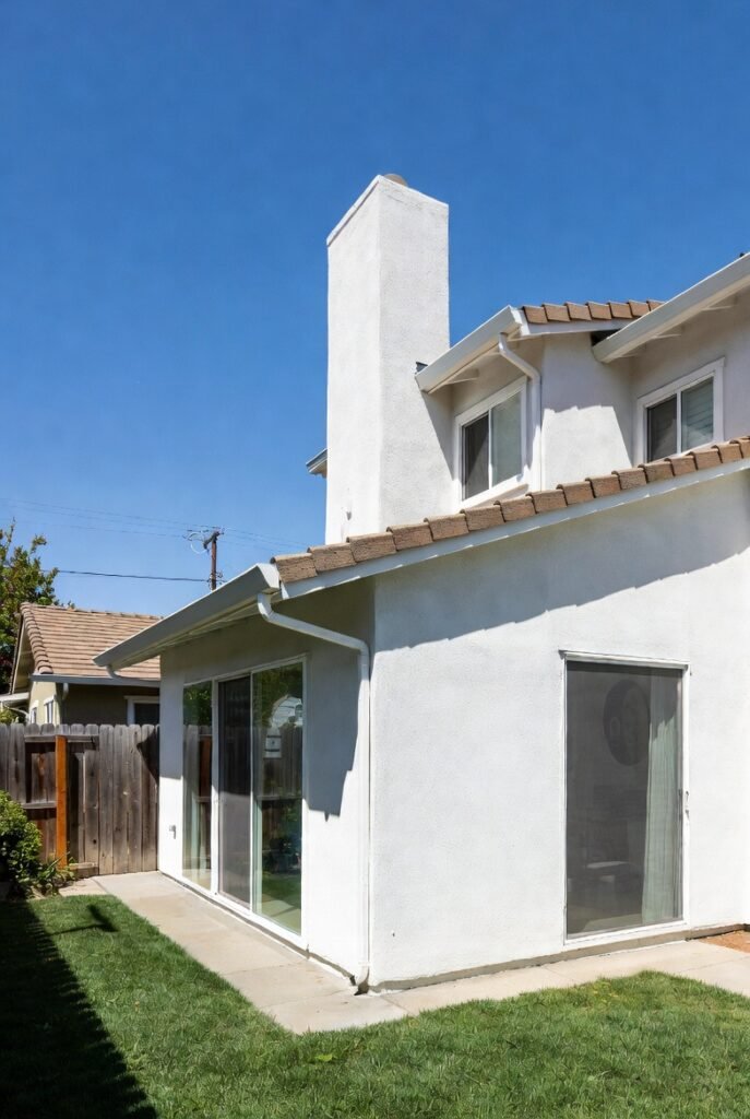 Exterior view of a modern room addition in Los Angeles featuring smooth white stucco walls, sliding glass doors, and seamless roof integration.