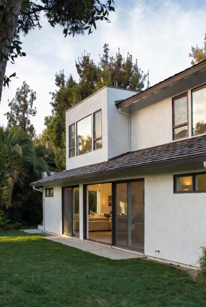 Modern two-story home addition in Los Angeles with white stucco exterior, large windows, and natural light designed by Onyx General Construction.