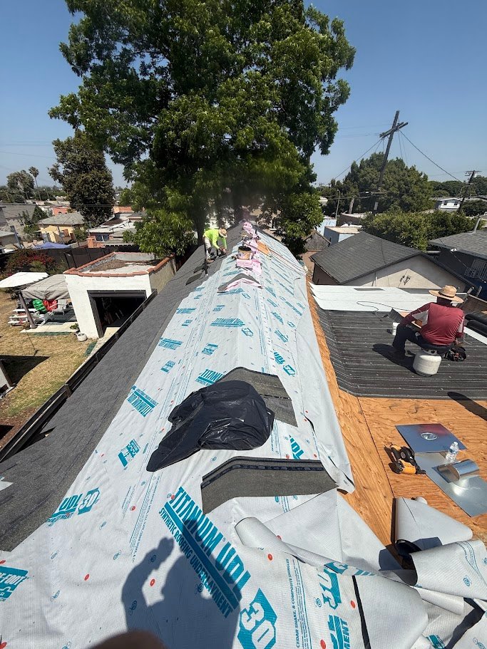 Roof underlayment installation on a Los Angeles master suite addition.