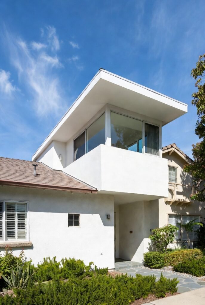 Two-story home with a modern second-floor addition featuring large windows, a flat roofline, and a smooth white stucco finish.