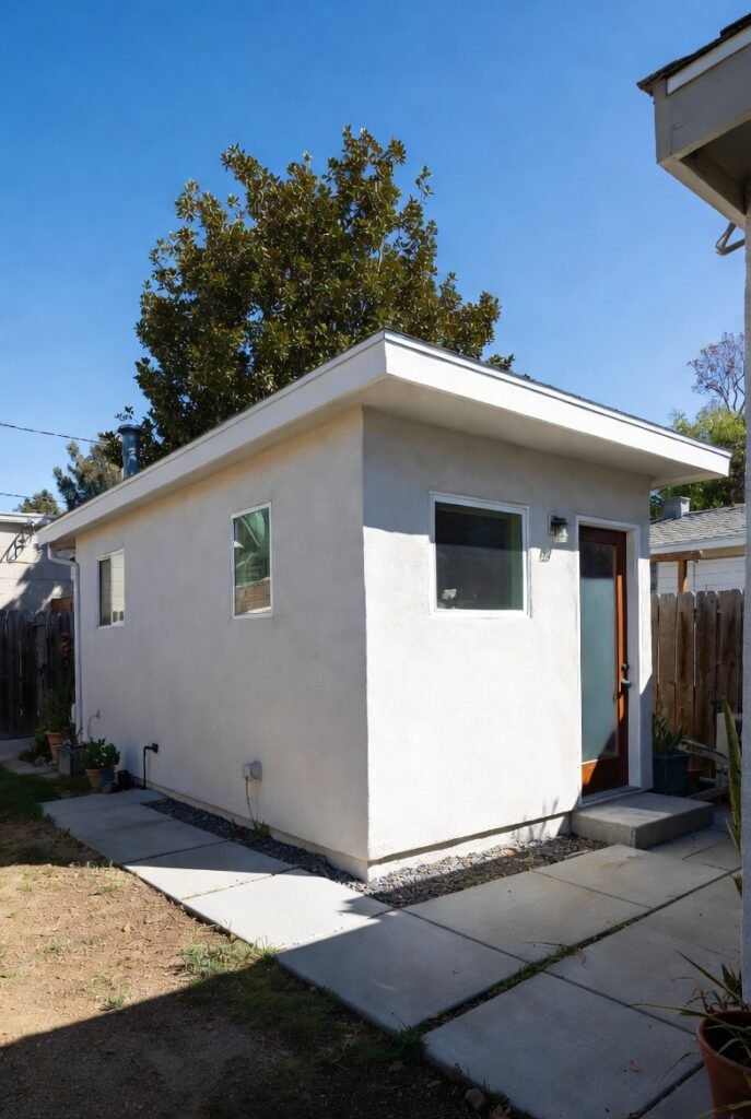 Small modern ADU with light stucco finish, flat roof, and sidewalk path in a Los Angeles backyard.