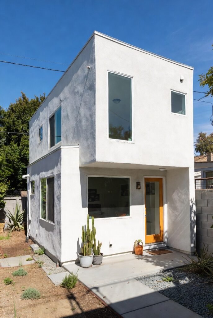 Two-story ADU in Los Angeles featuring a white stucco exterior, large modern windows, and a wood-accent front door surrounded by desert landscaping.