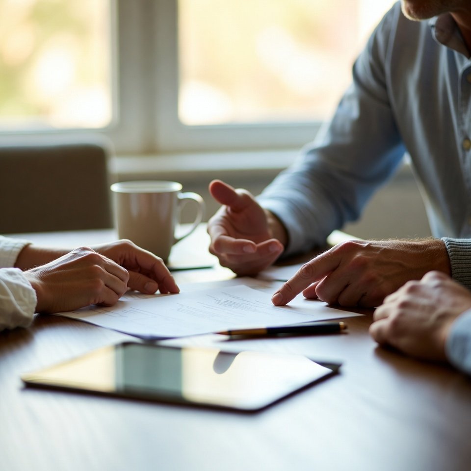 People reviewing paperwork and plans during an ADU project discussion in Cheviot Hills.