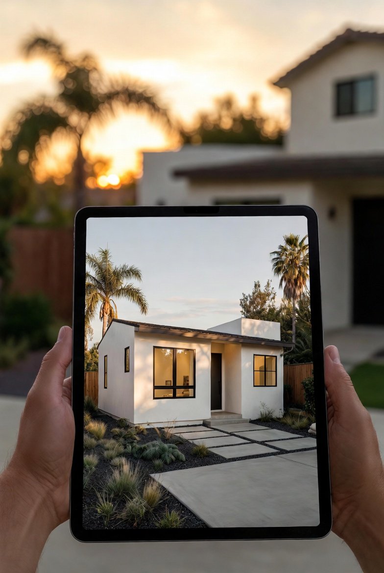 Modern custom-designed ADU built in a residential backyard with clean architecture, large windows, and landscaped outdoor space