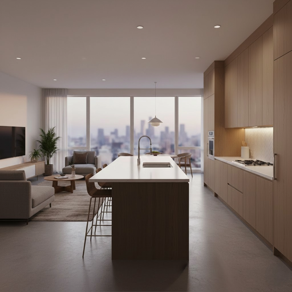 Open-plan interior living space with kitchen and living area