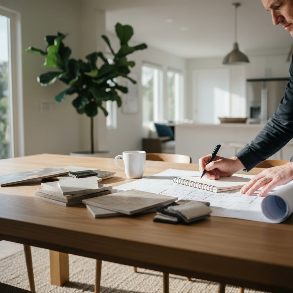 Design-build general contractor reviewing plans and material samples for a Rancho Park home project.