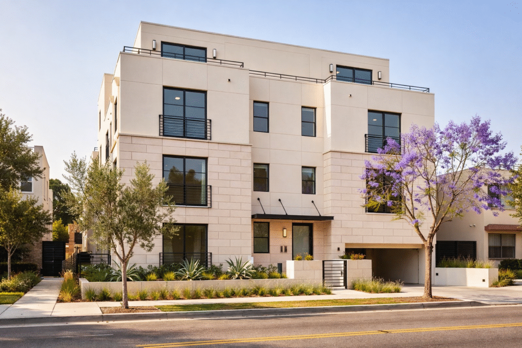 Contemporary three-story townhome-style multifamily building with stone facade, landscaped frontage, and private garage access in Beverly Grove, Los Angeles