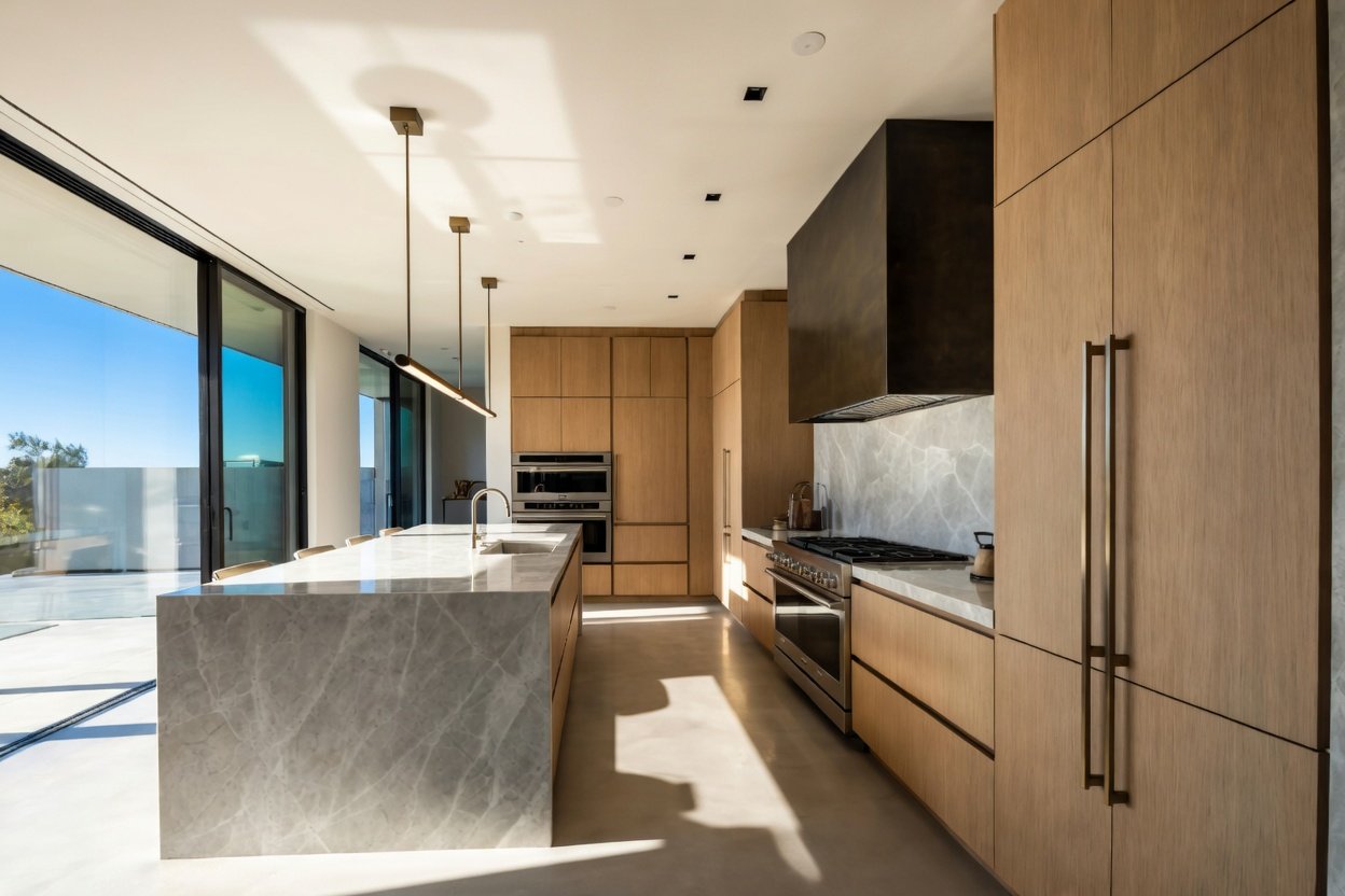 Brentwood transitional kitchen and family room — premium finish character for the addition.