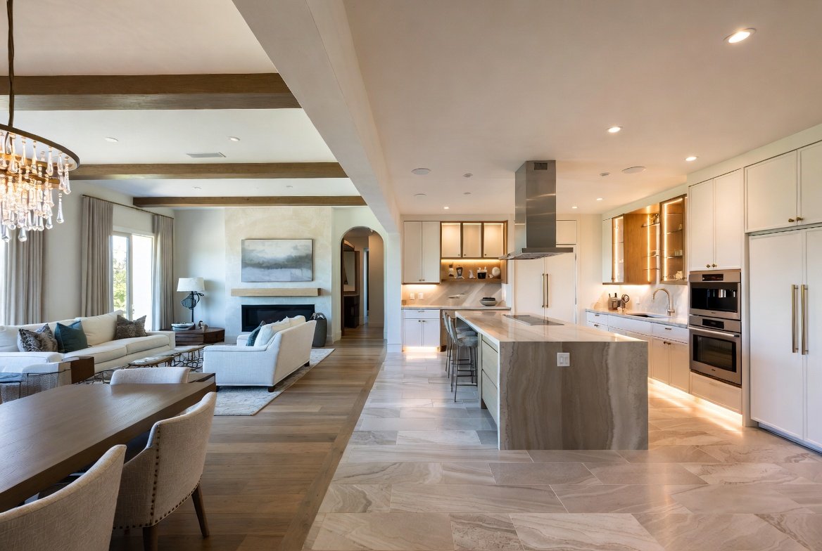 Transitional open-plan kitchen and living — typical SM whole-home scope.