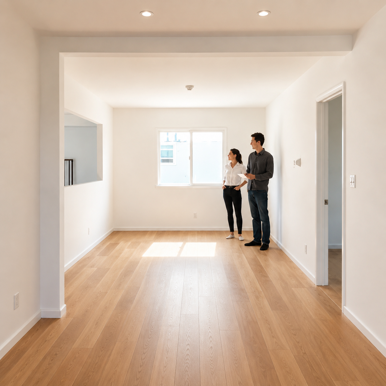 General contractor home inspection walkthrough in a bright Los Angeles interior with wood flooring